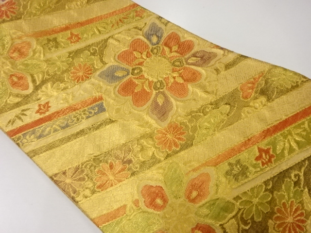 リサイクル　佐賀錦斜め縞に花模様織出し袋帯